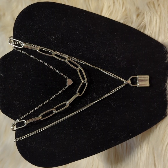 Jewelry - Silver tone 3 chains -  lock , chain and heart necklace
